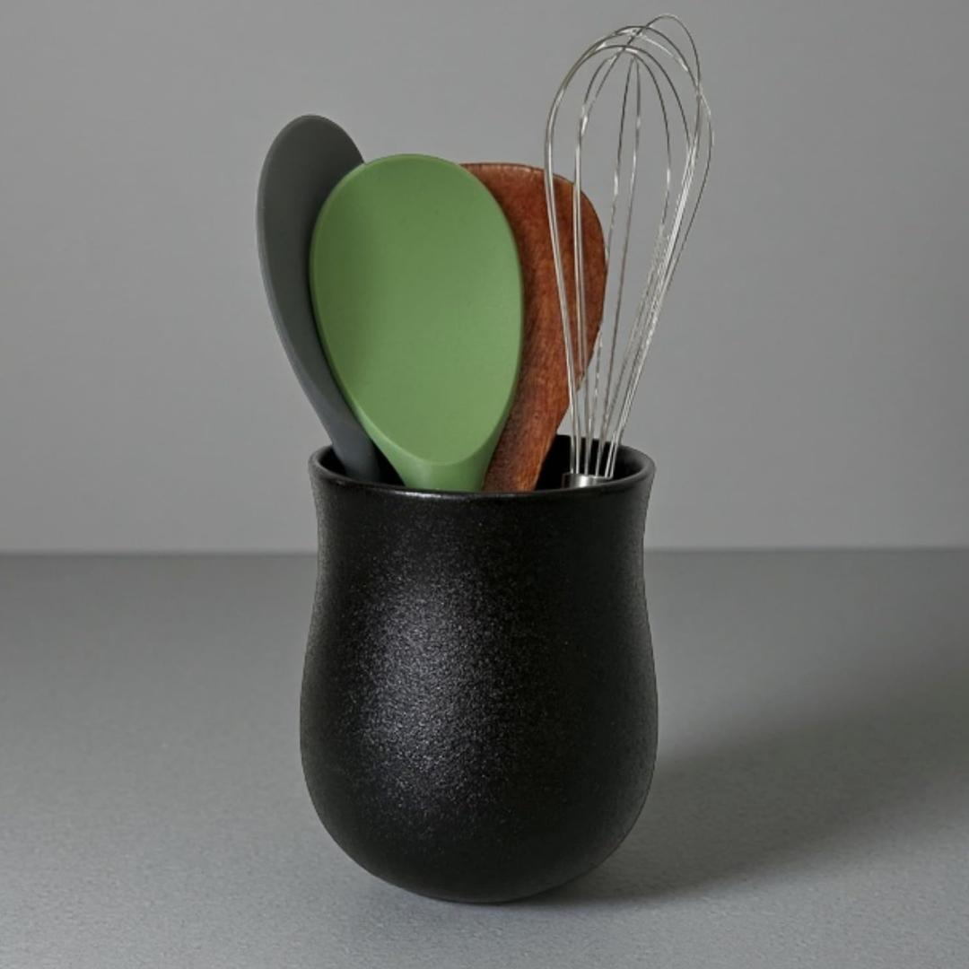 Short Kitchen Utensil Holder for Kitchen Counter, Ceramic Small Utensil Crock & Vase & Holder for Cutlery Spatula Brush Silverware Cooking Utensil Holder (Matte Black)