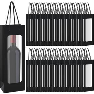 Geelin 50 Pcs Wine Gift Bag with Window 4.9" x 3.6" x 14.2" Kraft Paper Wine Bags with Windows Kraft Paper Flower Wrapping Bag Transparent Window Bags for Valentine Birthday Wedding Gifts(Black)