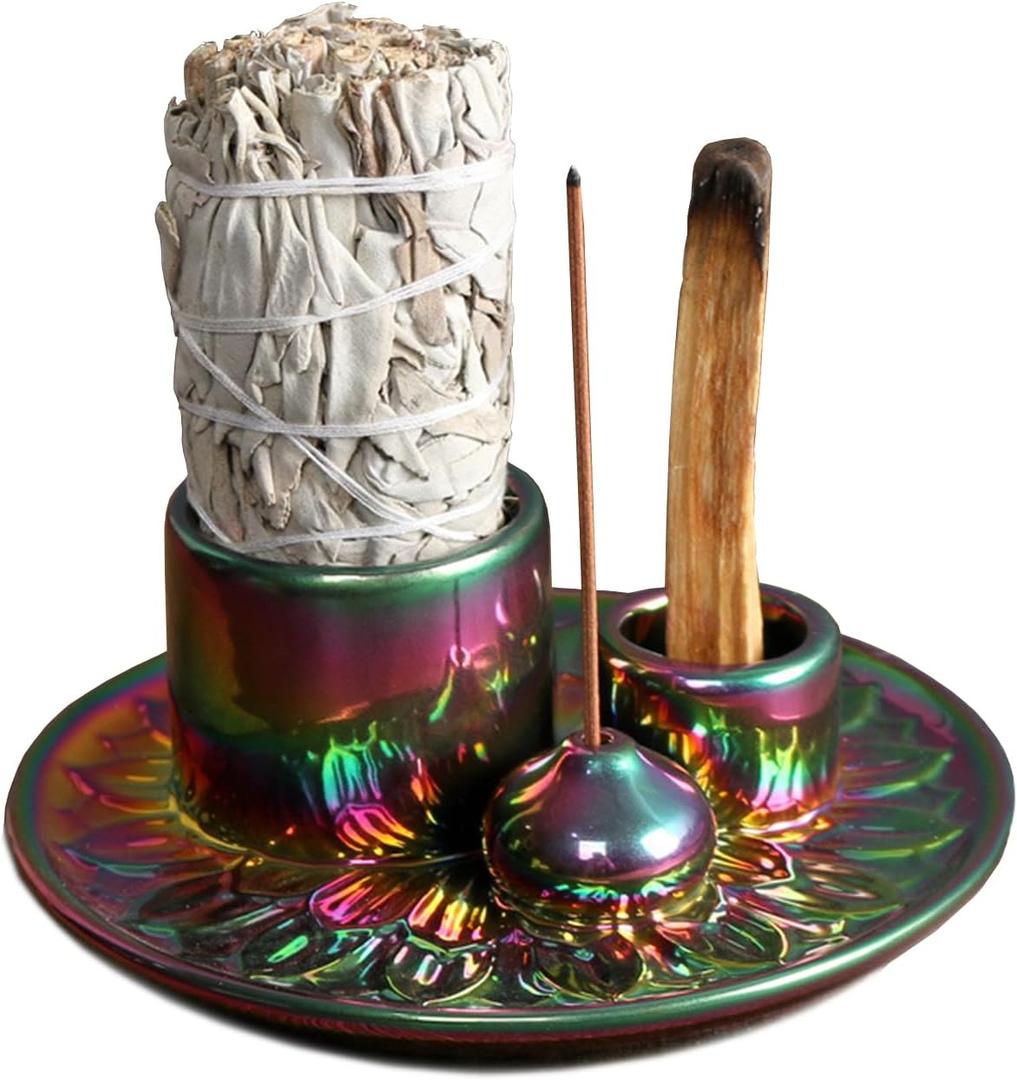 4 in 1 Multifunctional Ceramic Incense and Candle Holder with Ash Catcher Tray Suit for Burning White Sage, Palo Santo Sticks (Colorful)
