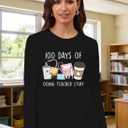 100 Days of School Shirt Teacher School Days Long Sleeve Shirts Funny 100 Days Celebration Tee Tops (Black, L)