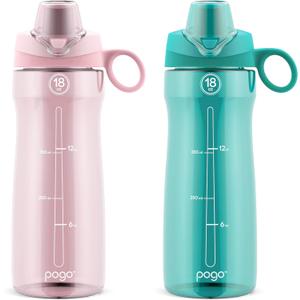 Pogo 2-Pack Plastic Water Bottle with Carry Handle, Reusable, BPA Free, Dishwasher Safe, Perfect for Travel, School, Outdoors, and Gym | 18oz, 32oz (Aquaviva/Pink Satin)