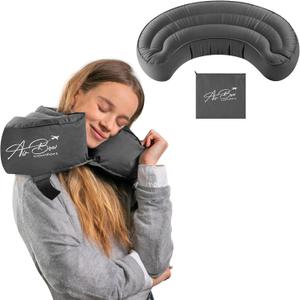 Air Bow Comfortable Travel Pillow - Airplane Pillow for Head, Neck, & Chin Rest, Inflatable & Soft Neck Pillow - Durable Material with Hygienic & Washable Cover, Easy to Inflate & Deflate (Gray)