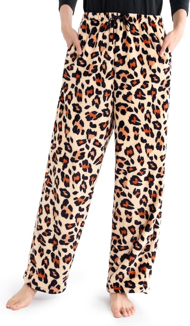 Giggling Getup Womens Pajama Pants Soft Flannel Fleece Pajama Bottoms Sleep & Lounge Pants with Pockets and Drawstring (X-Large, Leopard Print)