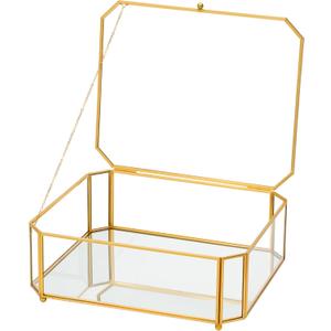 Large Glass Boxes for Display Handmade, Mirrored Bottom, Glass Jewelry Box with Lid, Trinket Box Book Photo Keepsake Organizer, Display Case for Vanity Decor Home Dresser, Octagon, Gold (High: 10.4"L  8.5"W  3.7"H)