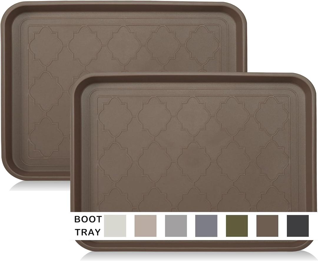 Boot Tray for Entryway Indoor, Heavy Duty Shoe Mat Tray 2 Packs, 16.7"x12.8" Waterproof Shoe Trays with Raised Edge, Outdoor Multi-Purpose Mat for Boots, Garden, Pet (Brown)