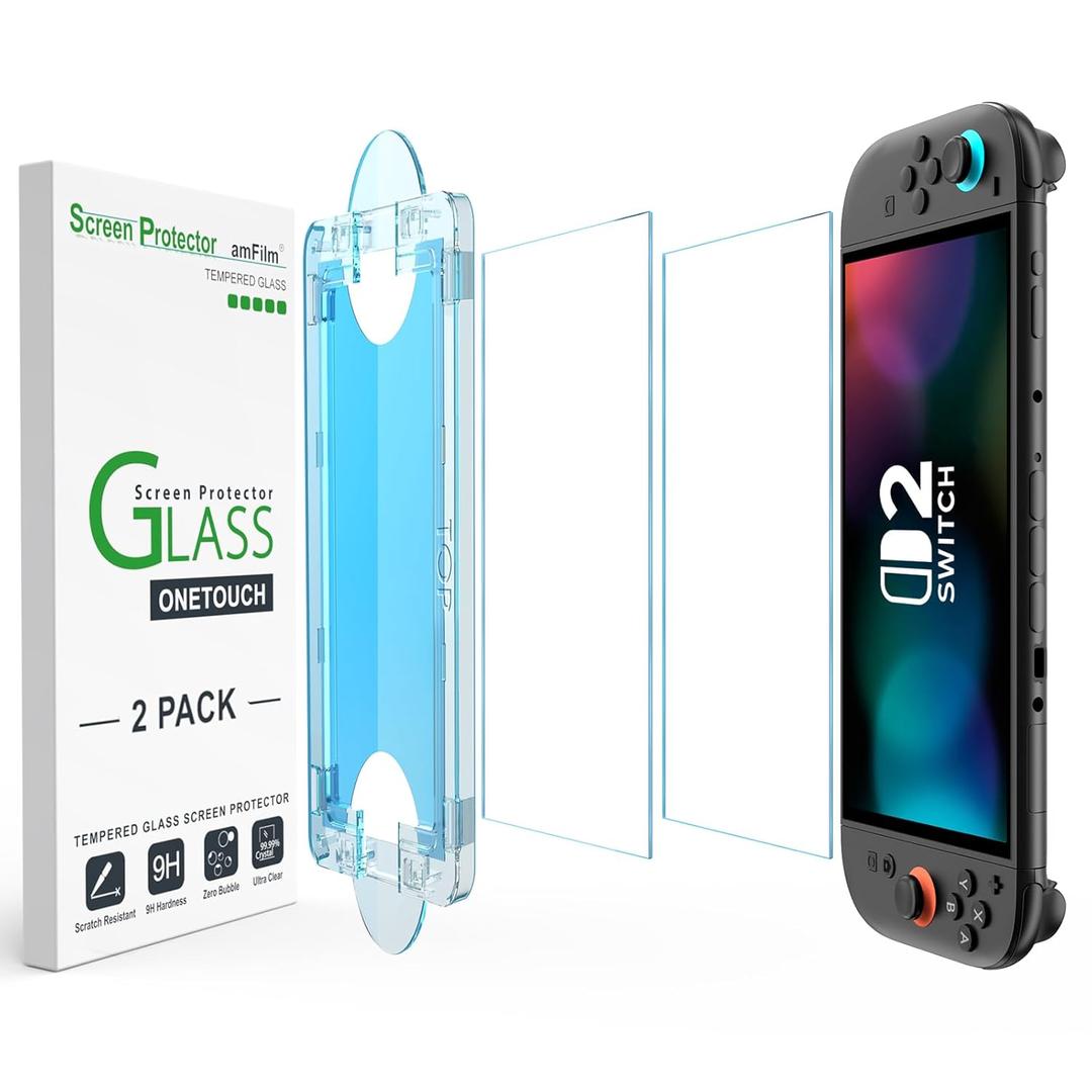 amFilm Auto-Alignment OneTouch for Nintendo Switch 2 Screen Protector [7.9''] 2025 Tempered Glass, Accessories, 30 seconds Installation, Bubble Free, Anti-Scratch, Touch Sensitive, Ultra-Clear [2Pack]