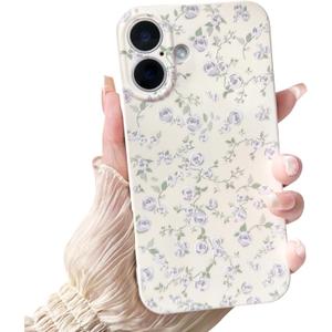 NITITOP Compatible with iPhone 16 Plus Case Cute Flower Women Girls Floral Rose Design Vintage Shockproof Soft Girly Slim TPU Fashion Protective Phone Cover - Purple