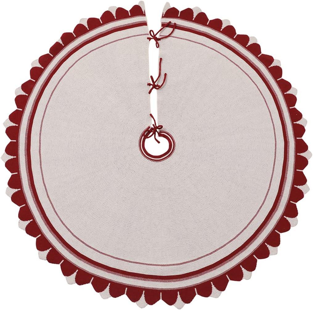 Vctops Red and White Banner Knitted Christmas Tree Skirt 48 Inch Large Vintage Thick Knit Xmas Tree Mat for Holiday Party Indoor Decorations (Red,Diameter 48")