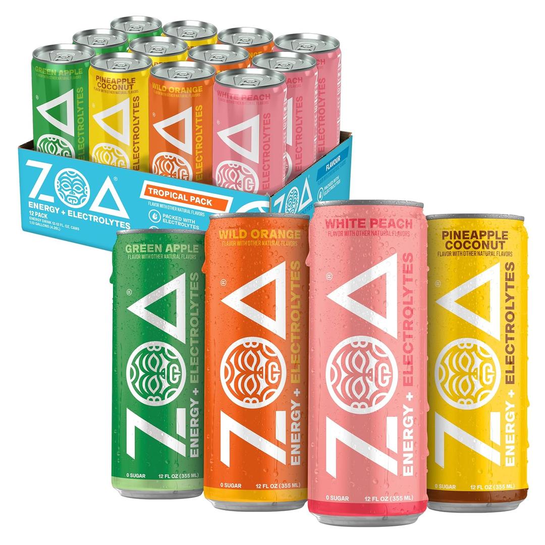 ZOA Zero Sugar Energy Drink, Tropical Variety Pack, 12 Pack, 12 Fl Oz | With Electrolytes, Vitamins B and C, supporting hydration with 160 mg plant based caffeine from green tea and green coffee (EXP 09/06/26)