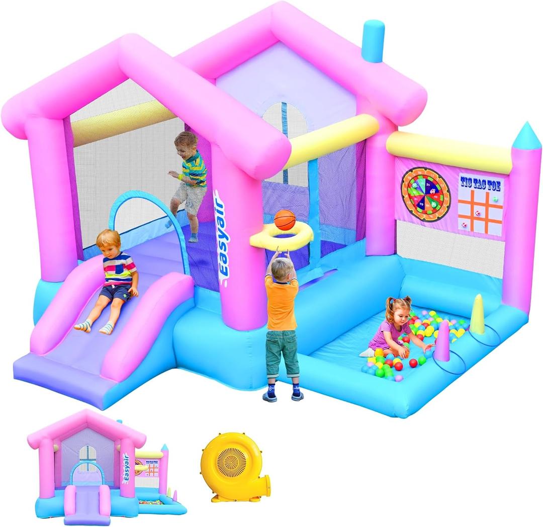 Inflatable Bounce House for Kids 3-10, 123" L x 110" Bouncy Castle, Jumping, Slide, Basketball Hoop, Ball Pits, Rings, Target Game Blower Included