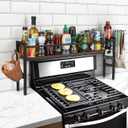 Meangood Spice Rack Shelf for Kitchen Stove, Over the Stove Shelf with 4 Hooks Extra Storage Countertop, Rustic Wood & Solid Metal Commbined Stove Shelf for Storage Seasoning, Easy to Assemble