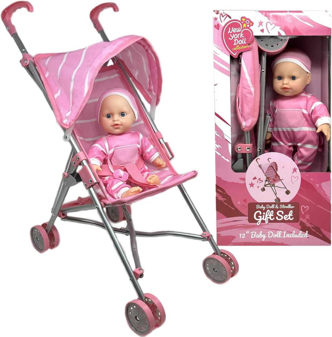 Baby Doll with Stroller Set - 12" Baby Doll with Pacifier Gift Set - Pink Fabric Baby Stroller Toy for Kids - Foldable Play Stroller for Dolls with Canopy - Baby Doll Stroller for Toddlers, Girls
