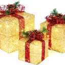 VINGLI Christmas Lighted Gift Boxes Set of 3 with Plug, Weather Proof Nestable Present Boxes Ornament Home Decor Pre-lit 60 LED Lights Pre-Secured Bowknot for Indoor or Outdoor Christmas Decorations