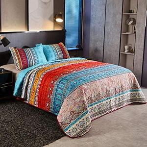 LAMEJOR Quilt Set Twin Size Boho Floral Striped Patchwork Print 3-Piece Lightweight Bedspread Coverlet Comforter Set Microfiber