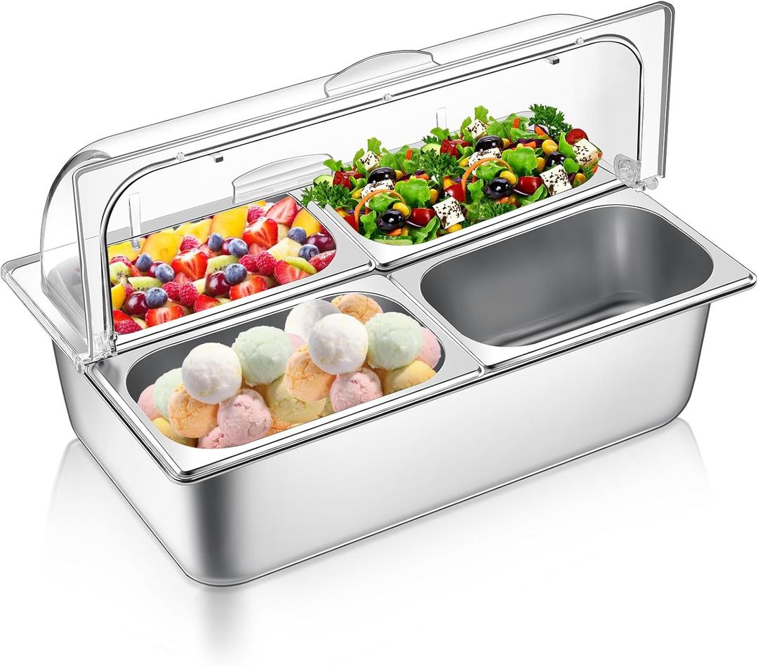 Countertop Food Serving Display Container and Clear Roll Top Cover Stainless Steel Food Serving Tray Buffet Condiment Dispenser Display Rack for Restaurant Hotel Kitchen Party (4 Pan)