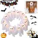 Light-Up Halloween Ghost Wreath, 12 Glowing White Spooky Halloween Wreaths for Front Door, Outdoor & Indoor Hanging Decoration for Wall Door, Halloweens Decor
