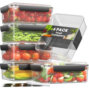 7 Cup Food Storage Containers with Lids, 6 Pack Plastic Food Containers, BPA Free Meal Prep Containers Reusable, Freezer Microwave Dishwasher Safe, Includes Labels & Pen