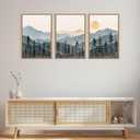 LHIUEM Boho Mountain Framed Canvas Wall Art Set, Forest Pine Tree Wall Decor, Sunrise Misty Wilderness Painting, Watercolor Nature Landscape Artwork for Living Room, Bedroom, Dining Room, Office -16"x24"x3