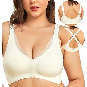 PRETTYWELL Front Closure Bras for Women no Underwire Padded Wireless Comfort Full Coverage Bra with Support Adjustable Mastectomy Bra, L