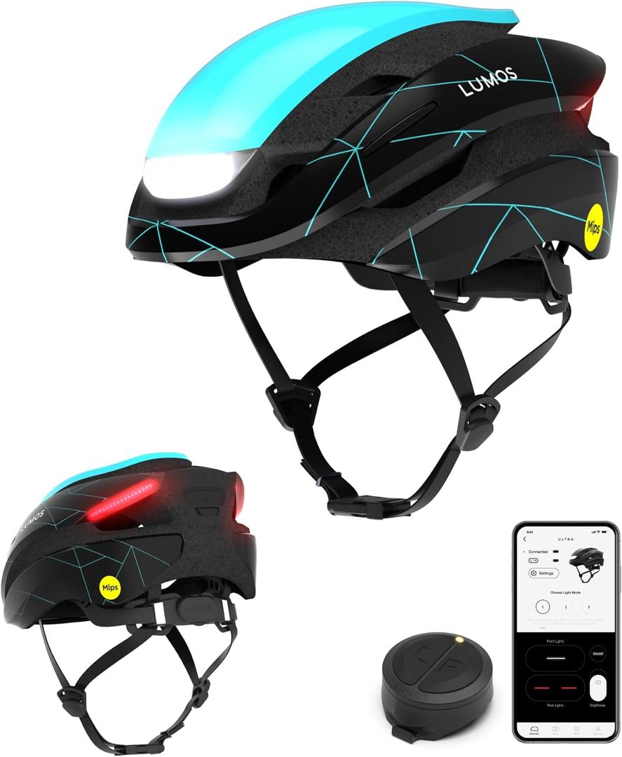 Lumos Ultra Smart Bike Helmet | Customizable Front and Back LED Lights with Turn Signals | Road Bicycle Helmets for Adults: Men, Women (XL (24"-25-1/2" / 61 to 65cm), Azure Strike with MIPS)