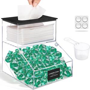 2 in 1 Dryer Sheet Holder & Laundry Pods Container, Laundry Detergent Organizer Container with Lid, Acrylic Laundry Room Organization Storage Containers with Labels, Dishwasher Pod Holder