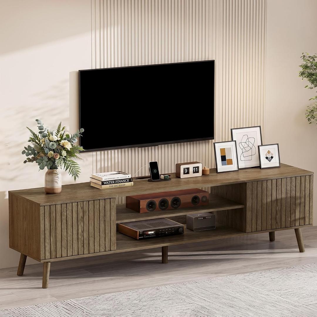 YOSHOOT 63" TV Stand for TVs Up to 70 inch, Mid Century Modern Entertainment Center with Power Outlet,Fluted Media Console with Open Shelves and Storage Cabinets for Living Room & Bedroom, 15.75" W x 66.93" L x 18.9" H