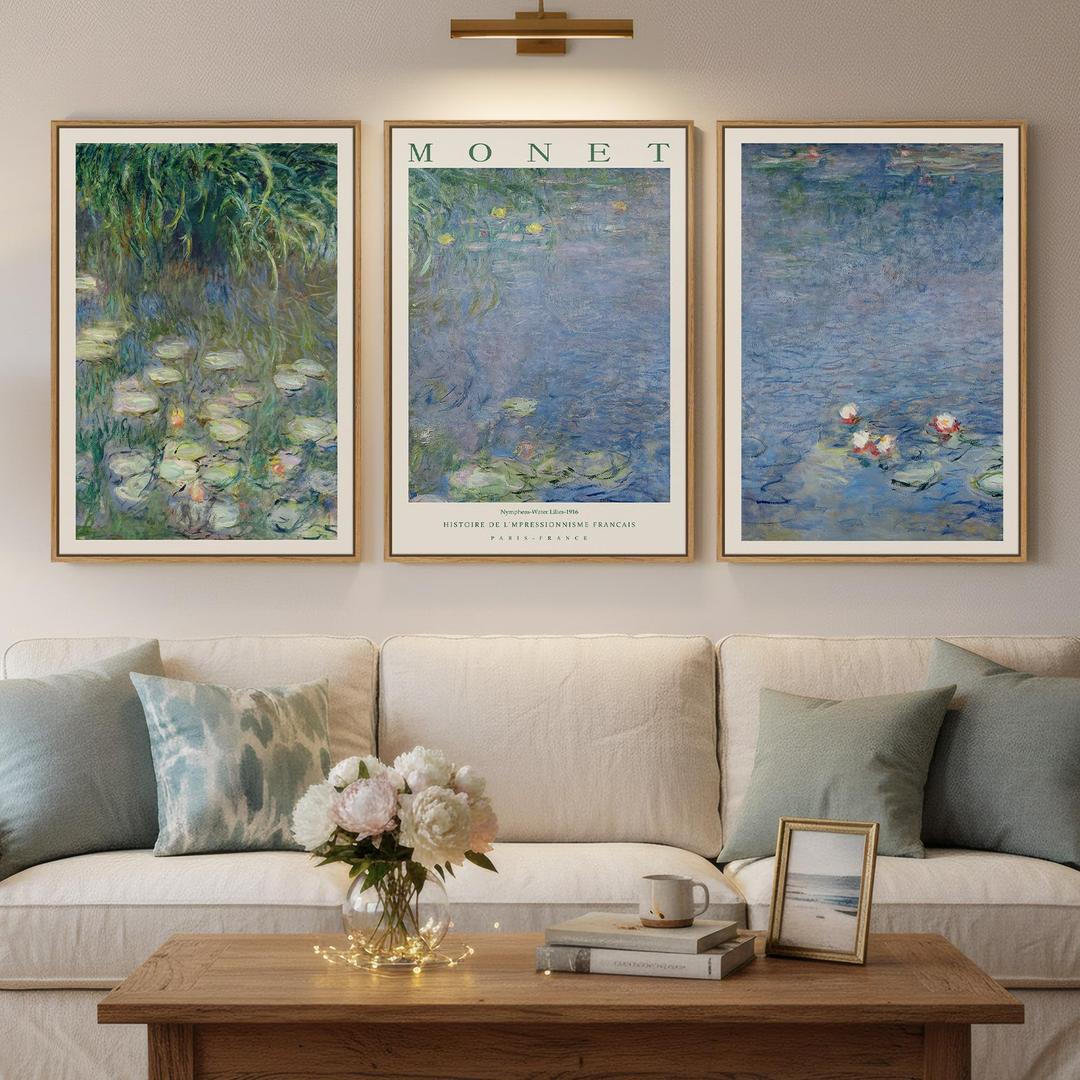 3 Piece Framed Monet Water Lilies Wall Art for Living Room, Impressionist Lake Landscape Canvas Artwork for Walls, Large Vintage Classic Floral Prints Paintings for Bedroom Hallway 16x24 Inch