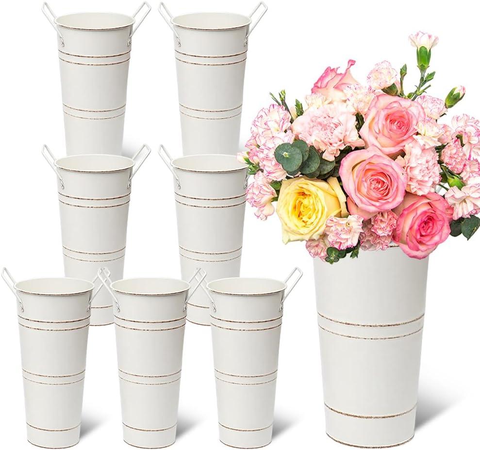 8PCS Galvanized Metal Flower Vase, 10" Vintage French Bucket Vases with Handles, Floral Buckets Rustic Flower Buckets for Home Decor Table Centerpiece Wedding Arrangements