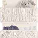 FEILANDUO Over The Door Organizer Boho Macrame Closet Organizers and Storage with 3 Large Woven Pockets Behind Door Organizer for Nursery, Pantry, Bathroom, Bedroom, Dorm (Ivory)