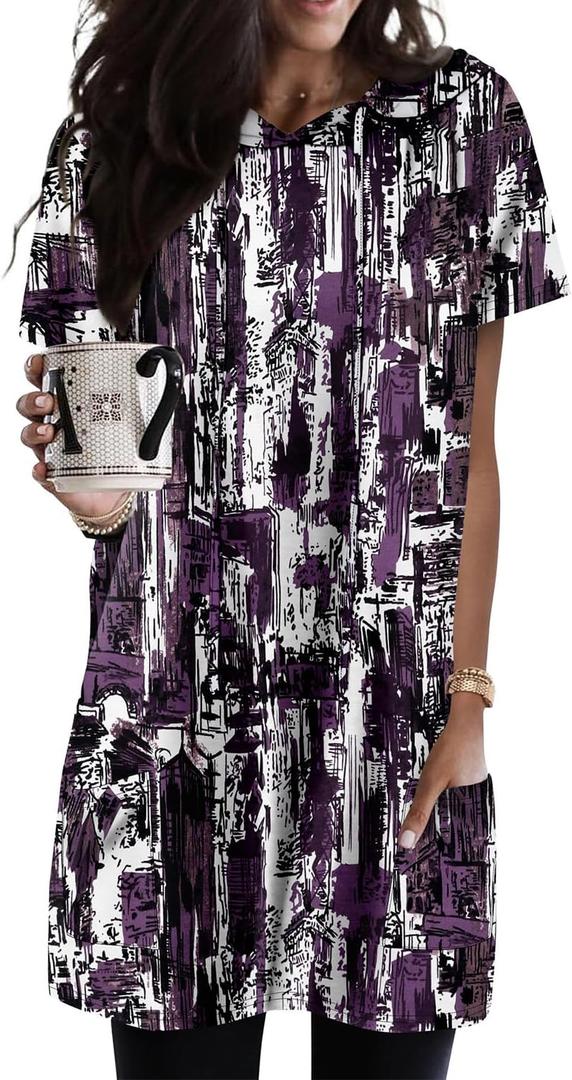 KISSMODA Woman Lightweight Dress with Hood Short Summer Pullovers with Pockets Long Tunics Top for Leggings (Purple, S)