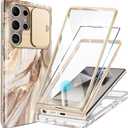 GVIEWIN for Samsung Galaxy S24 Ultra Case, [Slide Camera Cover & Built-in Screen Protector] [2 Front Frame] Military Grade Shockproof Marble Phone Case for S24 Ultra 6.8" (Topaz/Gold)