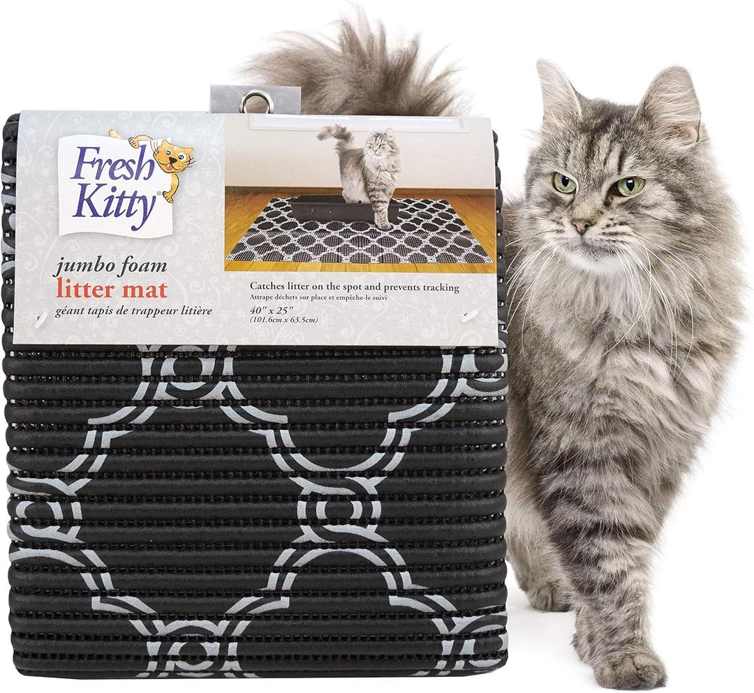 Fresh Kitty Durable XL Jumbo Foam Litter Box Mat  No Phthalate, Water Resistant, Traps Litter from Box, Scatter Control, Easy Clean Mats  Black & White 40"x 25", Black/White Quatrefoil (9036) (1 Count (Pack of 1))
