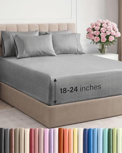 Extra Deep King Sheet Set - 6 Piece Breathable and Cooling Sheets - Hotel Luxury Bedding for Women, Men, Kids & Teens - Easy & Secure Fit - Soft and Wrinkle Free - Extra Deep Pockets - Heathered Grey