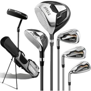 Golf Clubs Set 7-Piece Complete Set with Driver Hybrid 7 Iron 9 Iron Sand Wedge Putter Stand Bag for Men (Gray, Left-Handed)