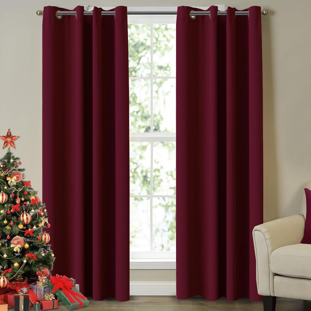 Turquoize Blackout Draperies Curtains for Bedroom Room Darkening Curtains Window Panel Drapes 2 Panels - 52 inch Wide by 96 inch Long Grommet Top Thermal Insulated Blackout Curtains, Burgundy