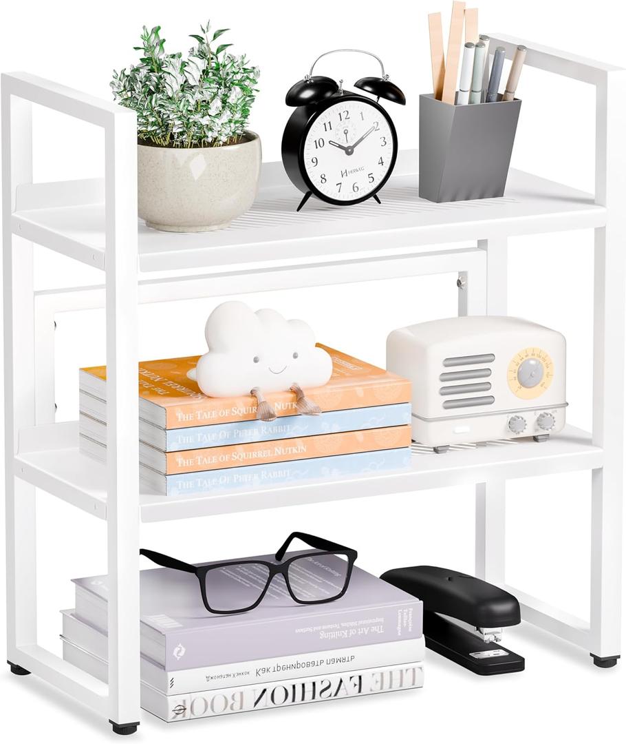 Brakki Desk Shelf Organizer, 2-Tier Desktop Bookshelf, Small Office Shelf | Adjustable Shelf, Metal Desktop Rack for Dorm, with Foot Mat, Multi-Functional Organization, White, Medium