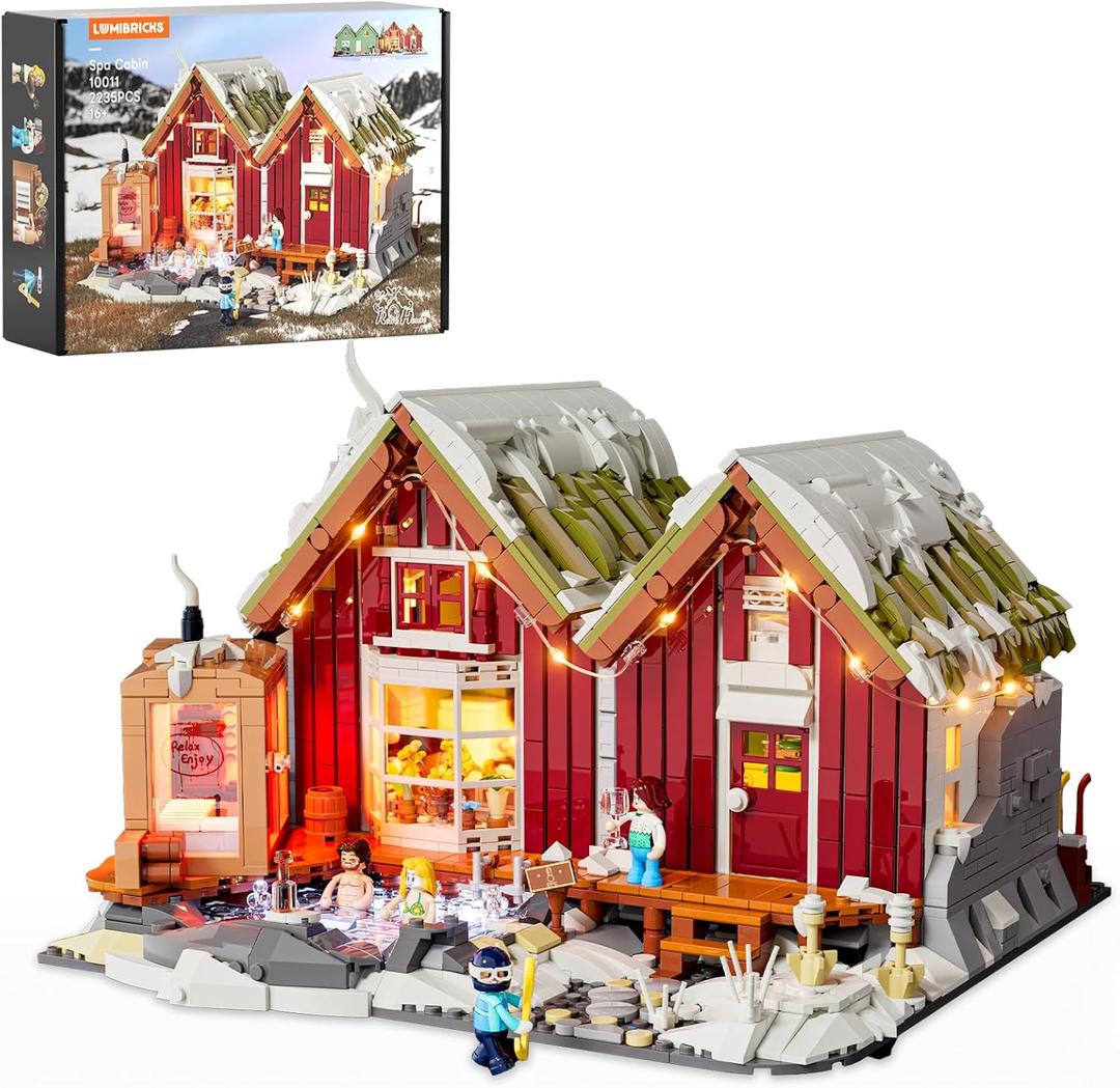 Spa-Cabin Winter Lighting-Building-Bricks Set - 2235 Pcs Christmas House Winter Lodge LED Light Construction Building Christmas Village Model Set for Adults and Families