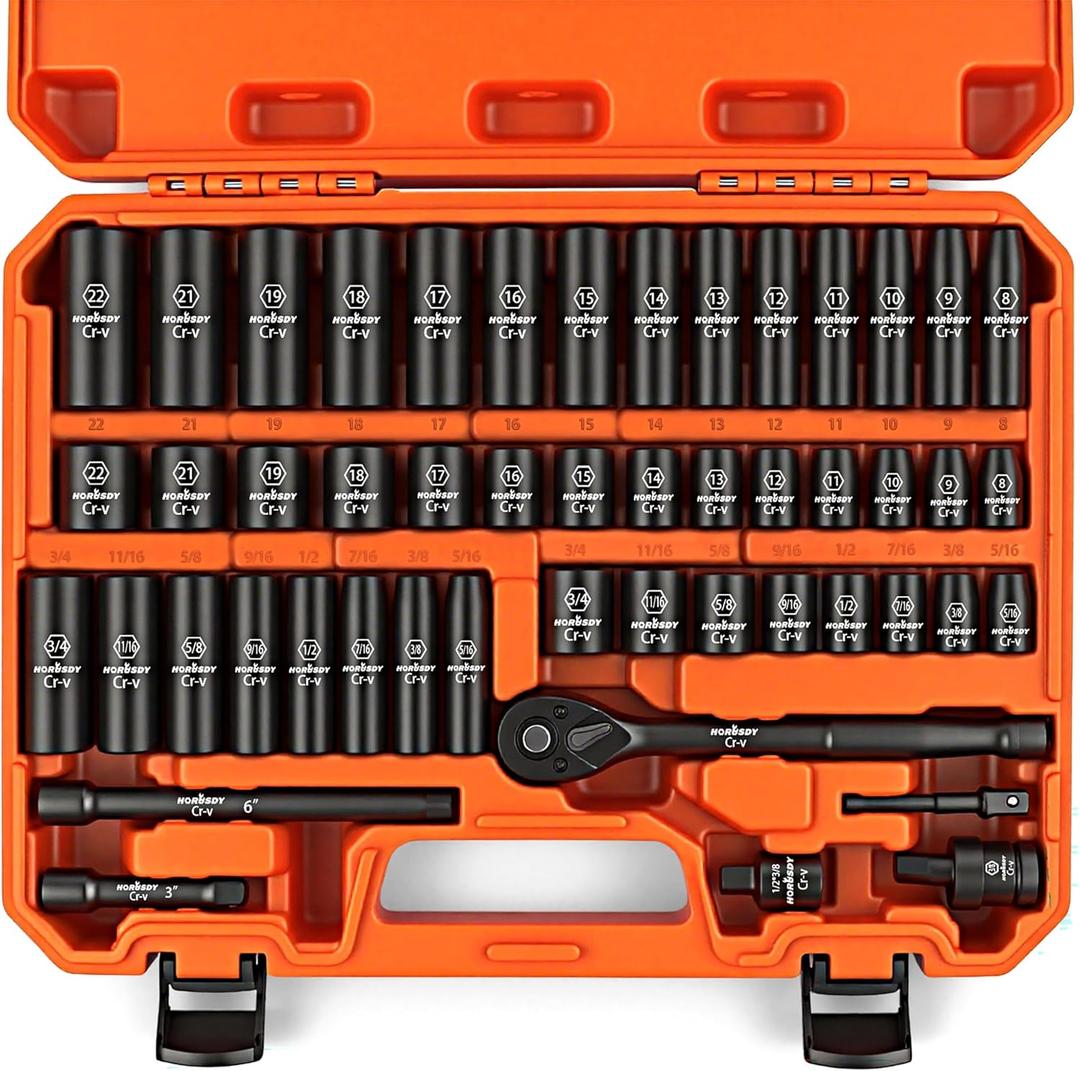 HORUSDY 3/8" Drive Impact Socket Set, 50-Piece Standard SAE (5/16 to 3/4 inch) and Metric (8-22mm) Size, 6 Point, Cr-V, 3/8-Inch Drive Ratchet Handle, Drive Extension Bar, Impact Universal Joint