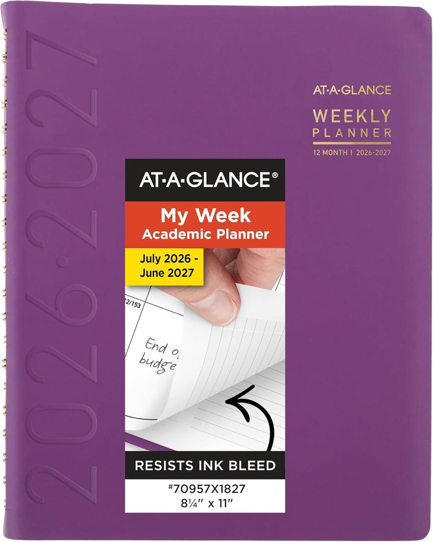 AT-A-GLANCE Planner 2026-2027 Weekly & Monthly Academic 12-Month July-June Half-Hourly Appointment Book, 8-1/4" x 11", Contemporary, Purple (70957X18)