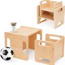 OOOK Montessori Weaning Table and Chair Set, Kids Activity Table and Chair Set with Fence for Read, Play Toys, Snack Time, Step Stool, 1-3 Year Old Kids Montessori Furniture