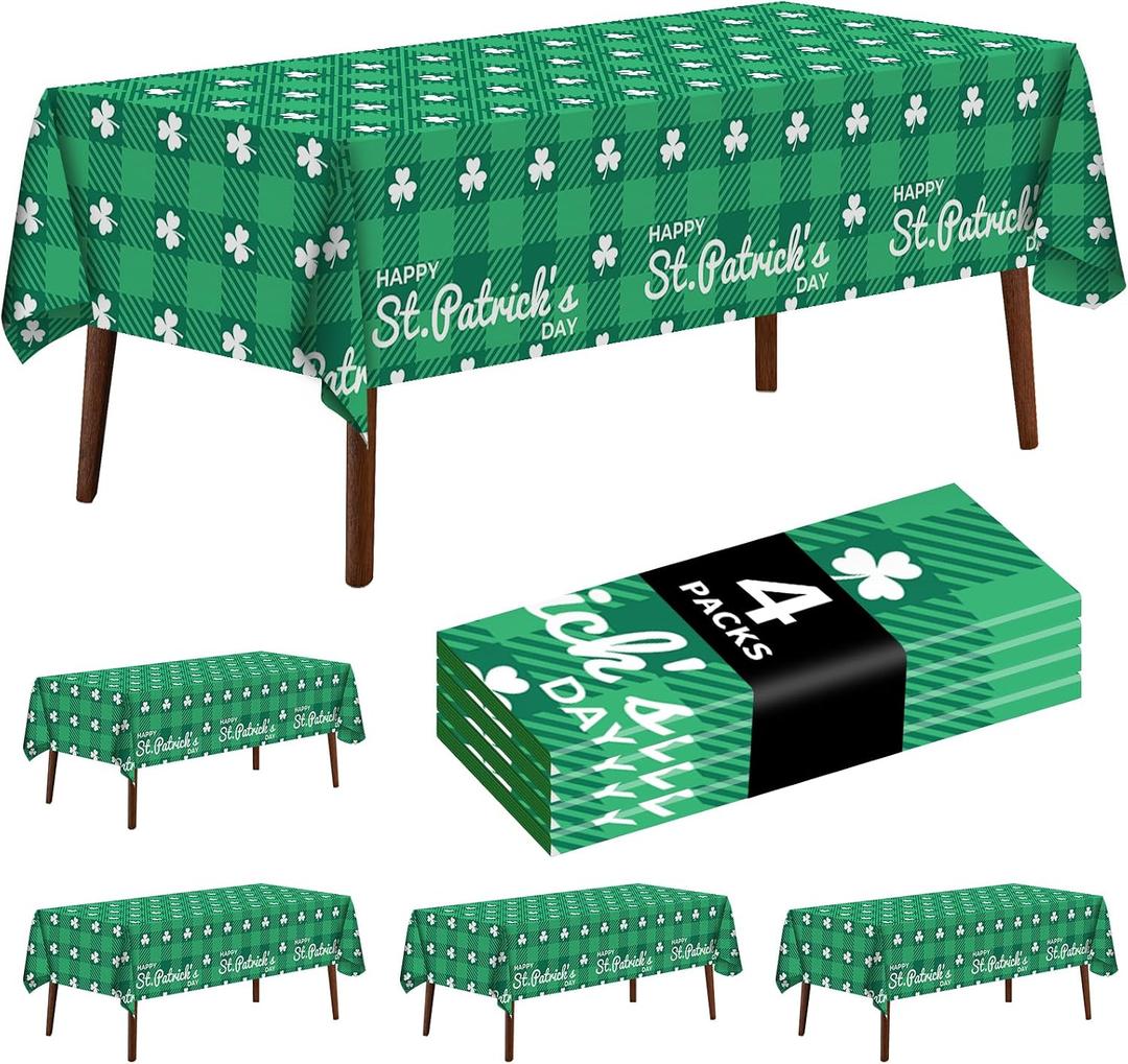 9 x 4 Pack St. Patricks Day Plastic Tablecloth 54 x 108 Inch Green Lucky Shamrock Disposable Table Cover for St. Patrick's Day, Irish and Spring Decorations