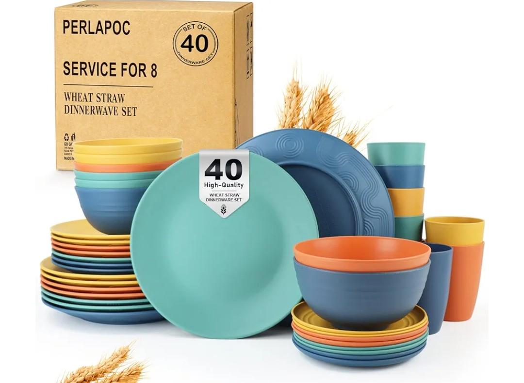 Teivio 32Piece Kitchen Plastic Wheat Straw Dinnerware Set, Service for 8, Unbreakable Modern Dish Set  Dinner Plate/Dessert Plate/Cereal Bowl/Cup, for Apartment Essentials, Outdoor Camping,Black