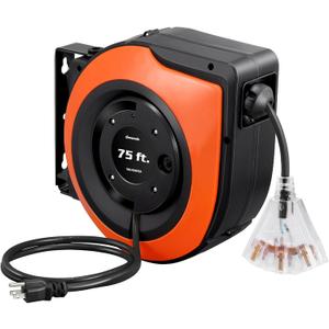 DEWENWILS Retractable Extension Cord Reel, 75 FT Heavy Duty Power Cord, 14/3C SJTOW, Lighted Triple Tap Outlets, 10A Circuit Breaker, Wall/Ceiling Mounted for Garage, Workshop, UL Listed (Orange)
