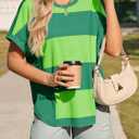 Tankaneo Womens Summer Tops Striped Oversized Short Sleeve Crew Neck Color Block Casual T Shirts Loose Basic Tee Blouses (Green, L)