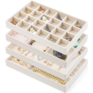 Jewelry Drawer Organizer Tray Set of 4 Stackable Velvet Jewelry Trays Drawer Inserts Organizer Case Set for Women Jewlery Storage Display Tray for Earrings, Rings, Necklaces, Bracelets, Watch (Beige)