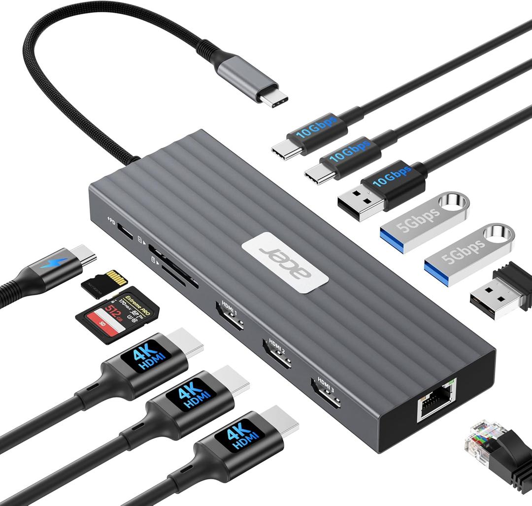 Acer Docking Station 3 Monitors with 3 HDMI, 13-in-1 USB C Hub for Laptop with 4K@60Hz HDMI, 1 Gbps Ethernet, 10Gbps Data, 100W PD, SD/TF, Laptop Dock for Acer/XPS/Spectre/Surface/Mac