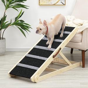 Wooden Adjustable Pet Ramp for All Dogs and Cats - Non Slip Carpet Surface and Foot Pads - 40" Long and Adjustable from 12 to 26 - Up to 200LBS - Folding Dog Car Ramps for SUV, Bed, Couch (Burlywood(grey))