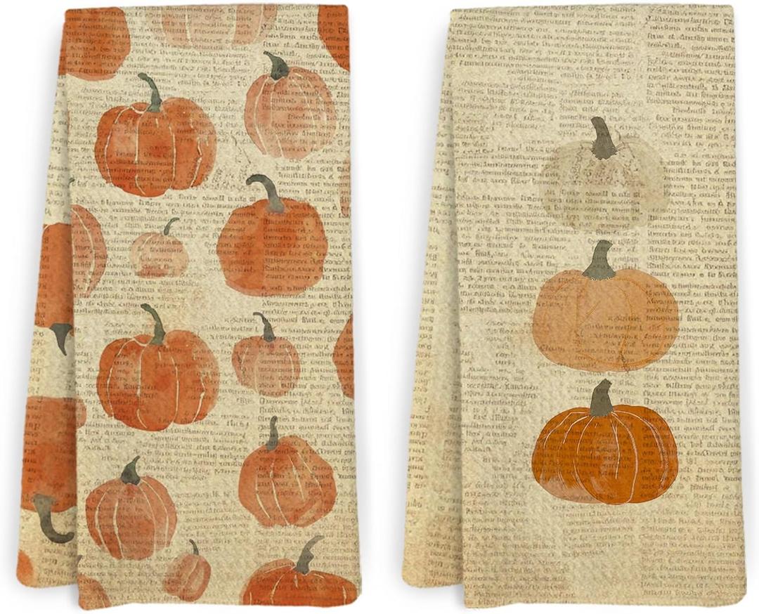 Vintage Pumpkin Kitchen Towels and Dishcloths Set of 2, Rustic Fall Pumpkin Decorative Hand Tea Towels for Bathroom Kitchen, 1624 Inches