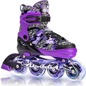 Kuxuan Boys Adjustable Inline Skates with Light up Wheels, Fun Illuminating Skates for Kids Girls Youth (X-Large(Adult 8-10 US), Purple)