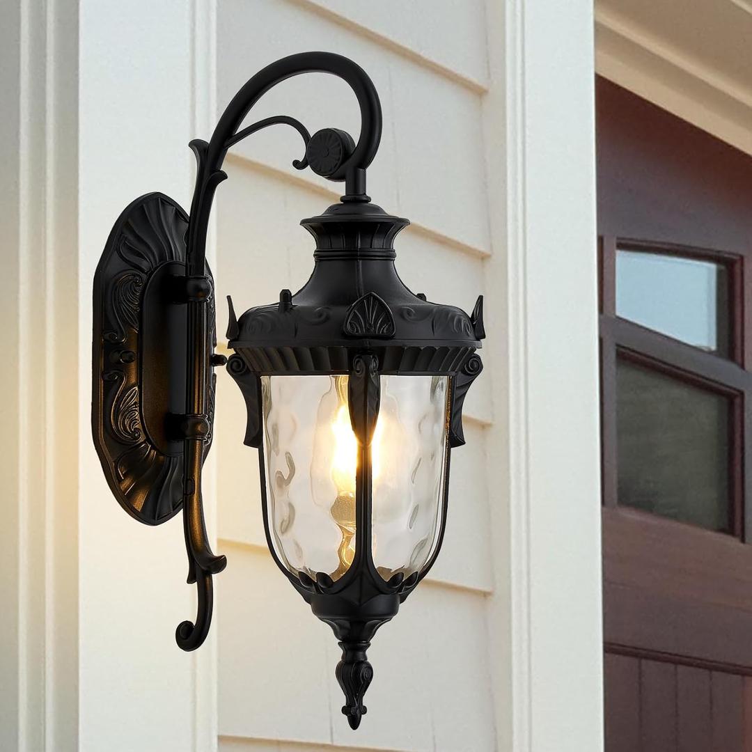 17" Black Vintage Outdoor Wall Sconces, Waterproof Exterior Sconce Porch Lights Wall Mount Outside Wall Lantern with Hammered Glass Shade for House Front Door Garage Doorway House Yard Street